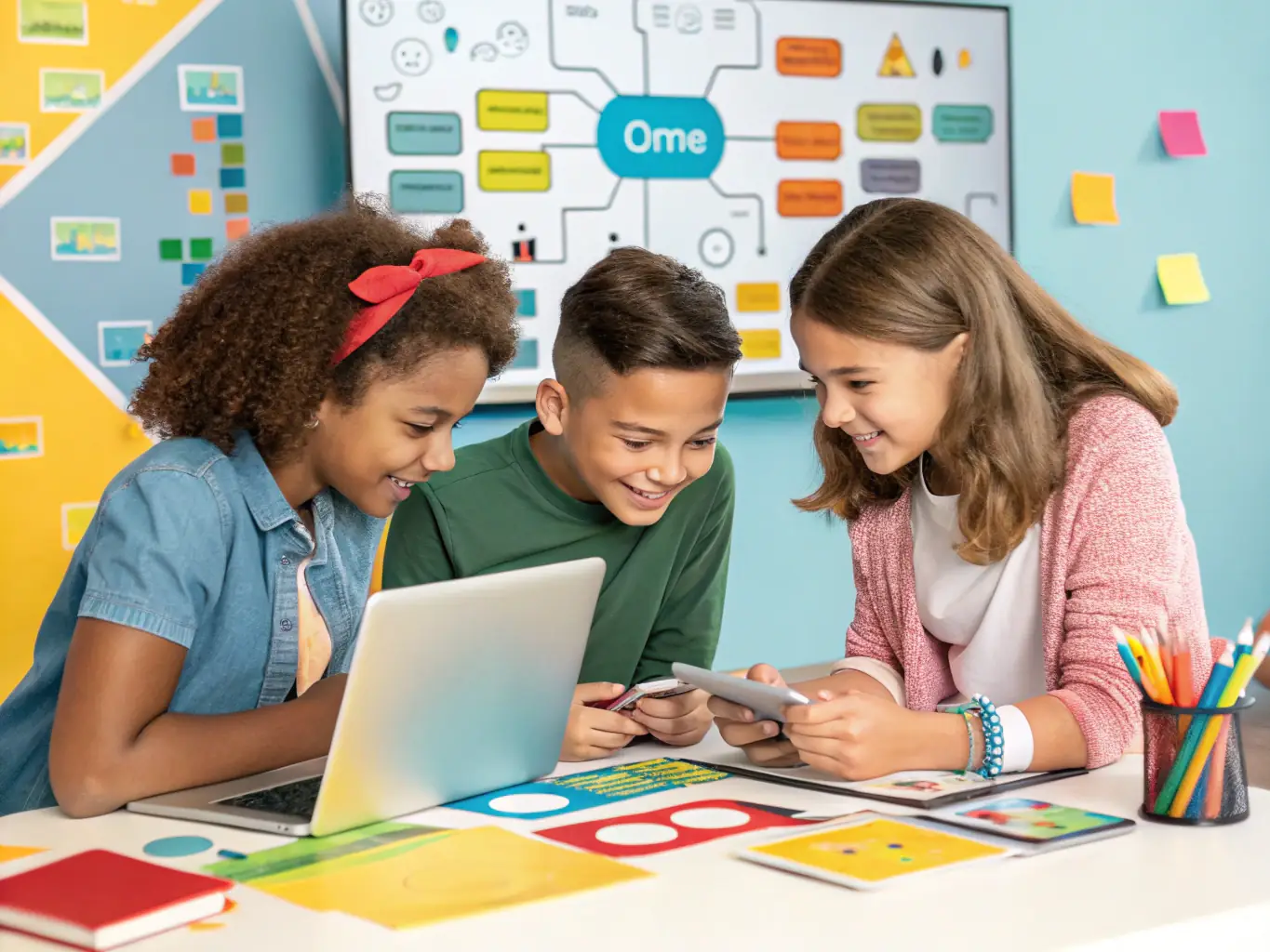 A diverse group of students collaborating on a mobile app project, highlighting the teamwork and problem-solving skills developed in the advanced mobile development course. The environment is supportive and innovative.