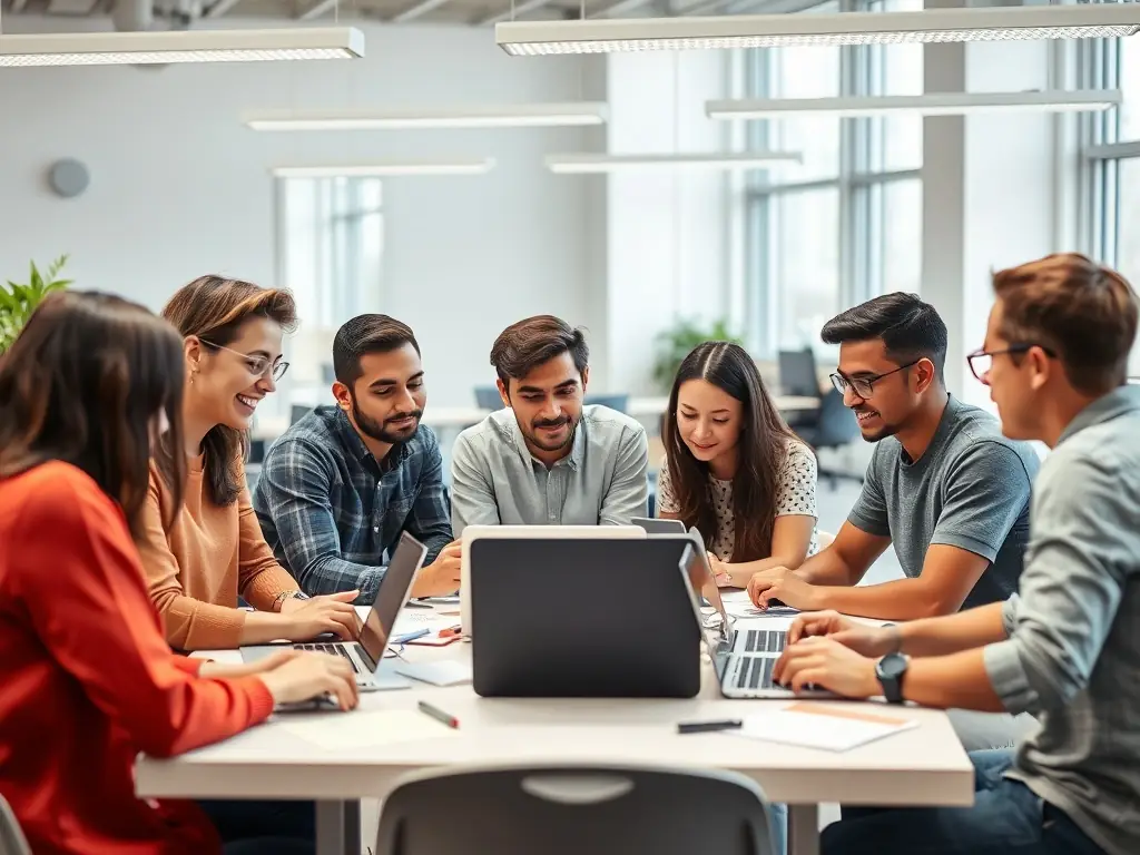 A diverse group of students collaborating on a mobile app design project in a modern, well-lit classroom setting. Laptops, tablets, and smartphones are visible, showcasing the collaborative and tech-focused environment.