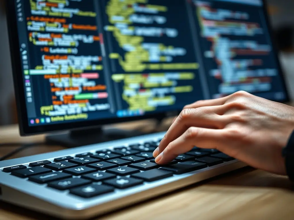 A close-up shot of a developer's hands coding on a MacBook, with Xcode open and an iPhone displaying a partially completed iOS app in the simulator.