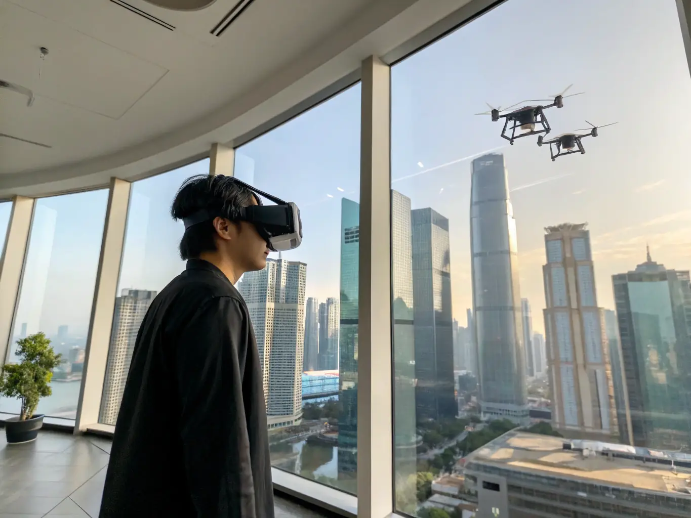 A person wearing a VR headset, interacting with a mobile app interface projected in the virtual environment, showcasing the integration of mobile apps with emerging technologies.